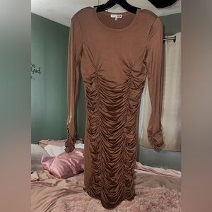 Fashion Nova Brown Long Sleeve Ruched Dress